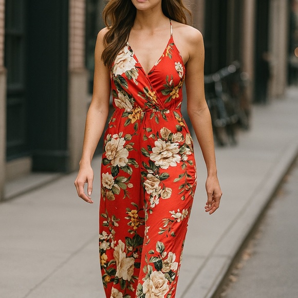 Love Chesley Pants - Elegant Floral Red Jumpsuit